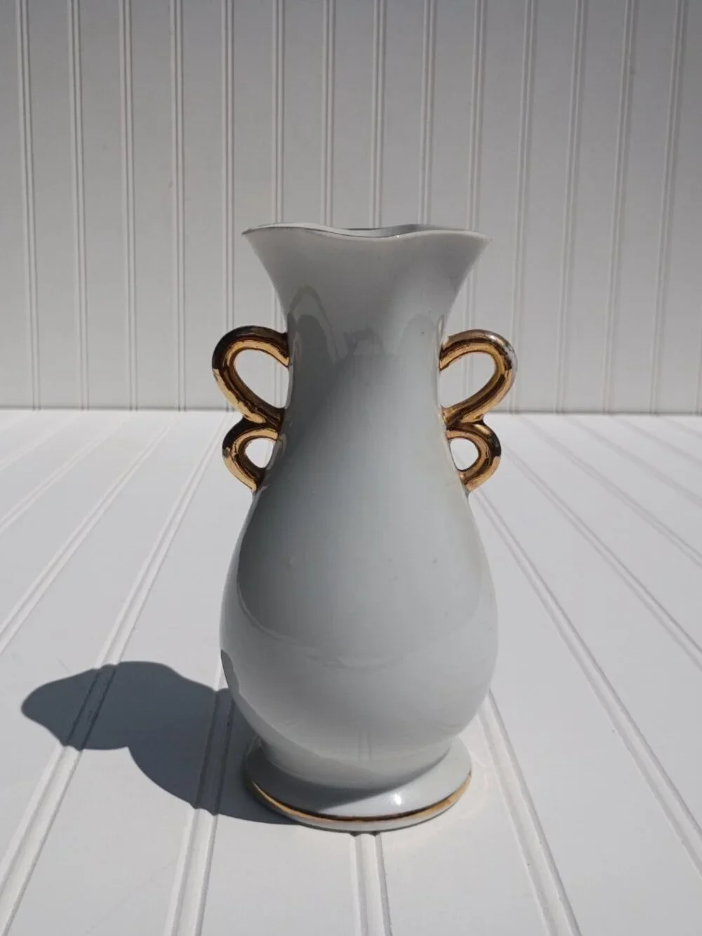 Vintage Japanese Porcelain Vase Pink Rose Floral Gold Trim Scroll Handles 7.25